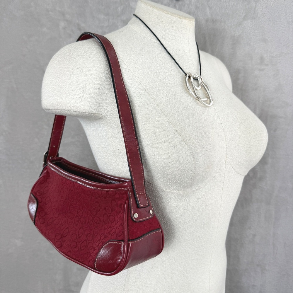 Vintage Red Monogram Jacquard Small Shoulder Baguette Bag Faux Leather Trim